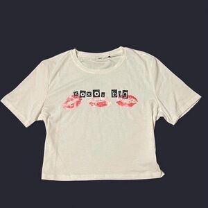 White Crop Top with Red Lip Print